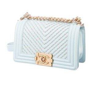 Chanel Calfskin By the Sea Chevron Embroidered Medium Boy Light Blue pristine